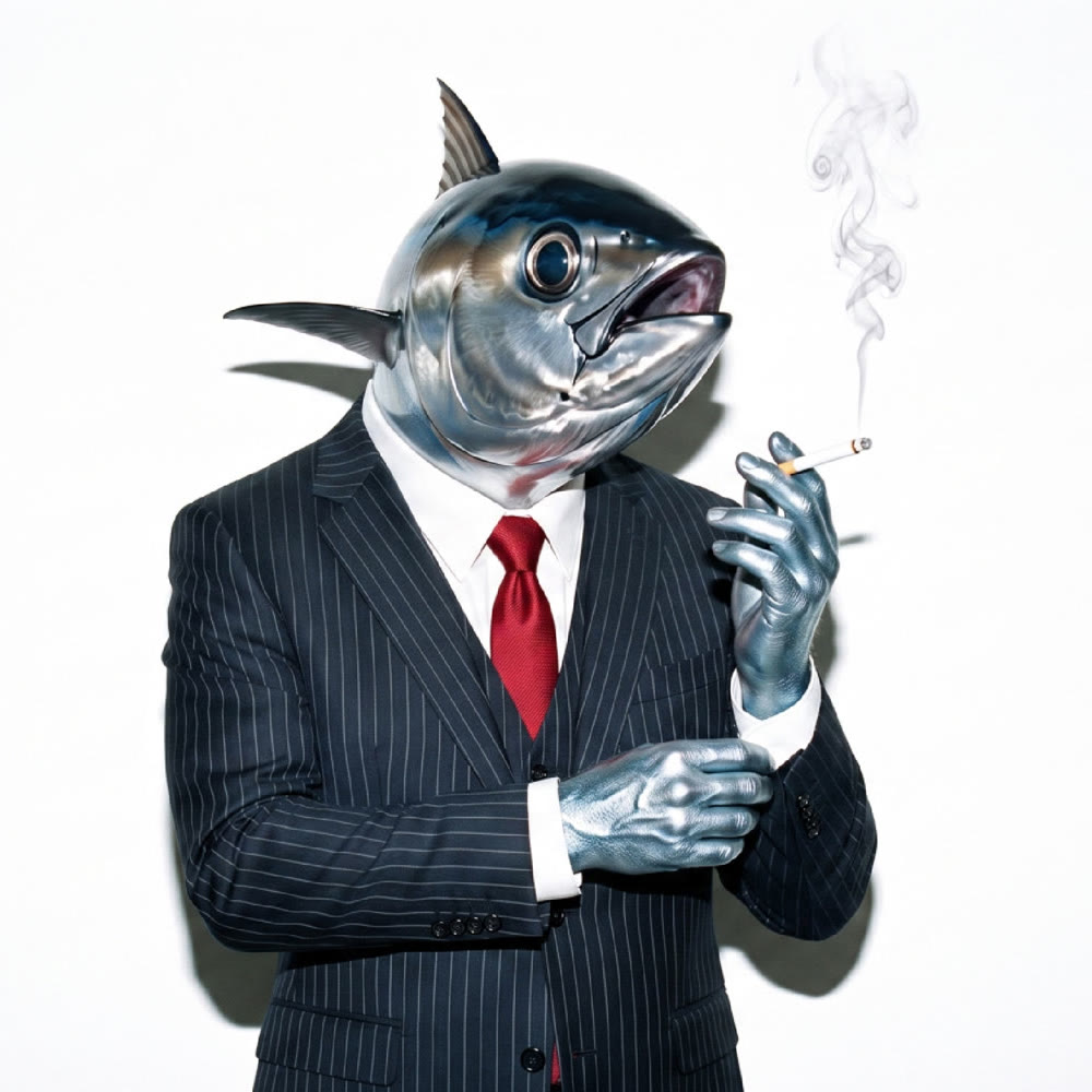 The LNTV anchor: a bluefin tuna in a navy pinstripe suit and red tie, holding a lit cigarette