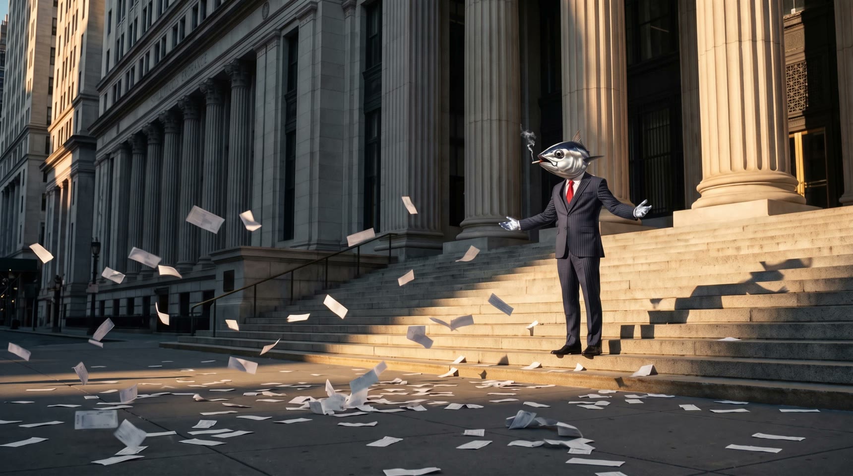 The LNTV anchor on the steps of the stock exchange as paper falls around him